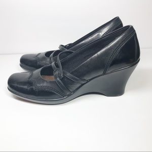 Clarks black leather wedge heels with straps